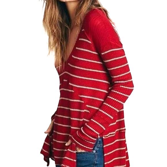 Free People Top Womens Small Red Tan Stripe Oversized Raw Hem Boho Grunge Hippie - Picture 1 of 8